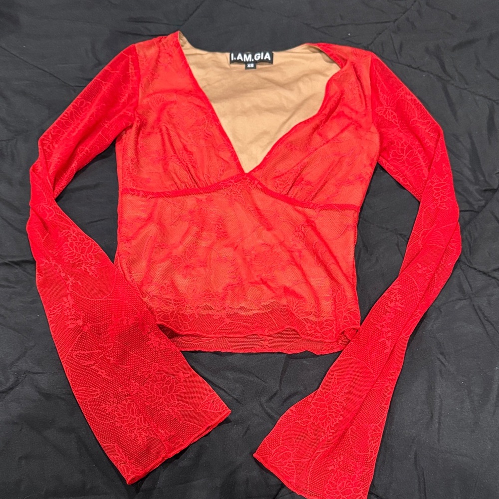 IAM.GIA Red Sheer Long Sleeve Top